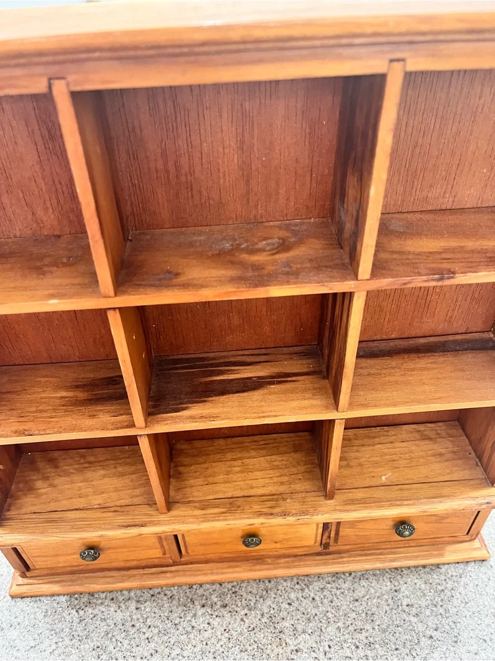 Vintage Wooden Multi-Cubby Trinket Wall Shelf with Drawers - Brown 14.75” tall